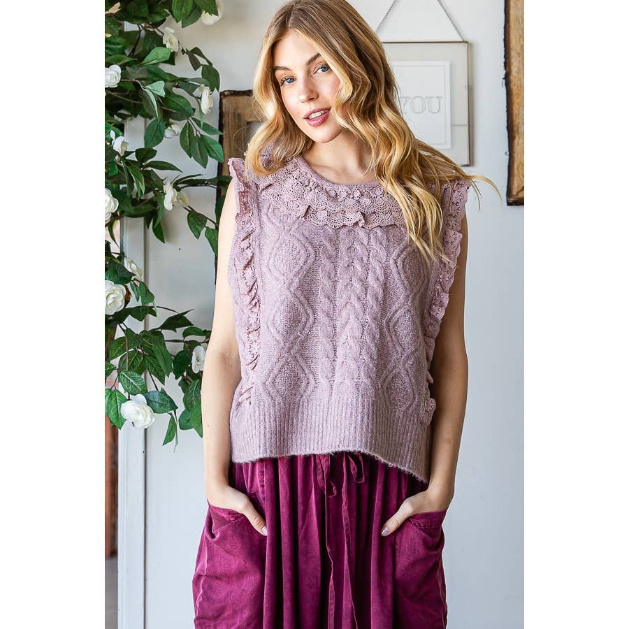 Lovely Lilac Ruffled Lace Sweater Vest