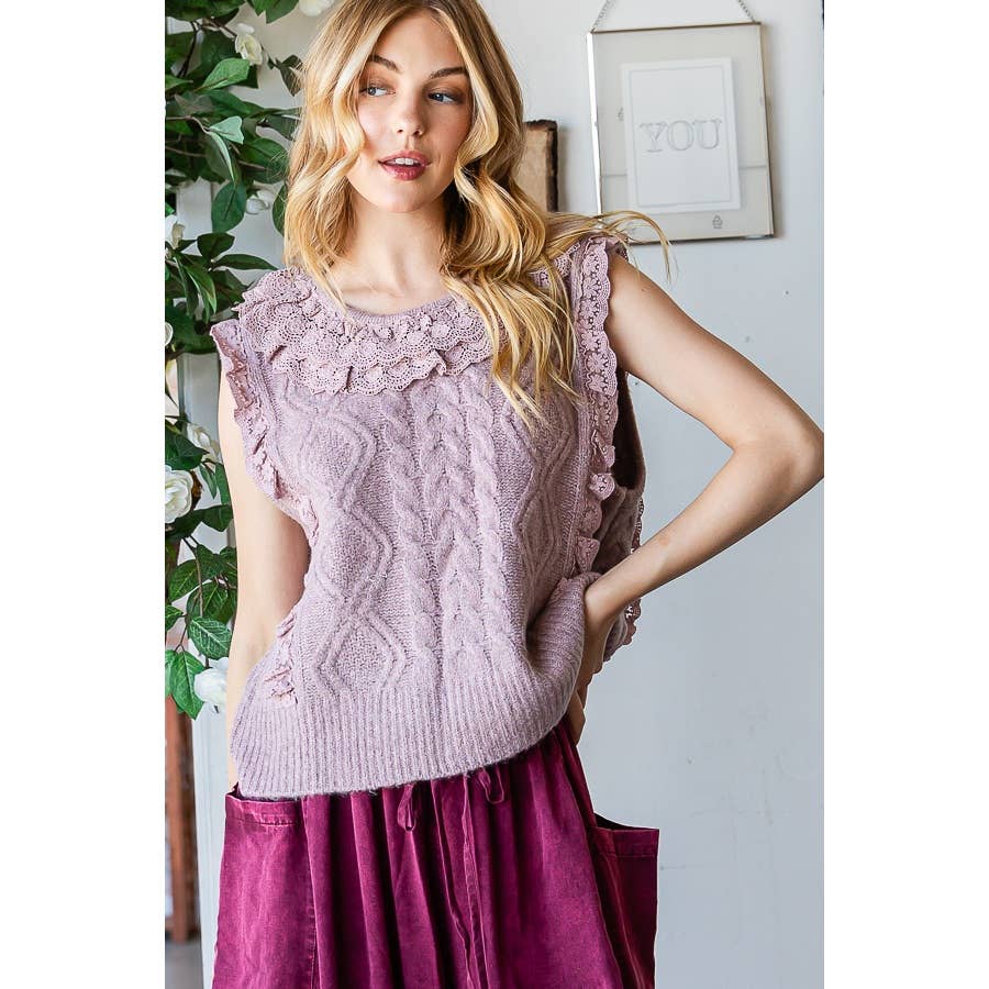 Lovely Lilac Ruffled Lace Sweater Vest